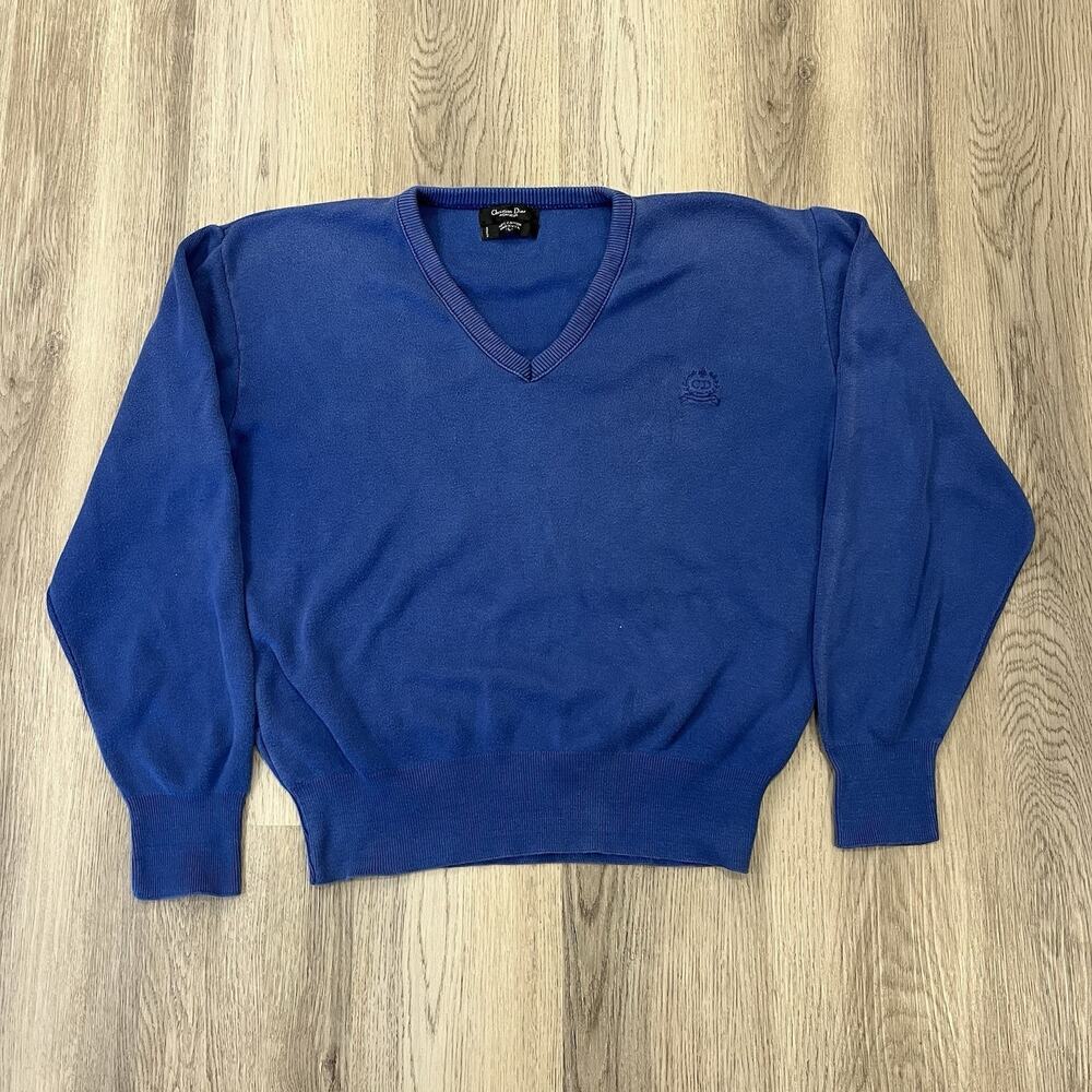 Vintage Christian Dior Monsieur V Neck Sweater Blue Made In USA Size Large